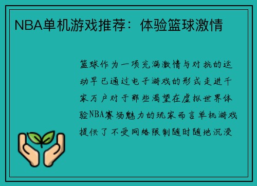 NBA单机游戏推荐：体验篮球激情