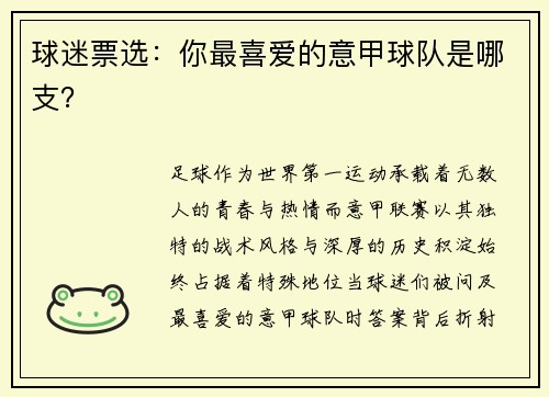 球迷票选：你最喜爱的意甲球队是哪支？