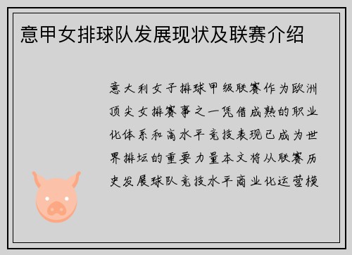 意甲女排球队发展现状及联赛介绍