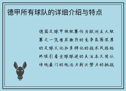德甲所有球队的详细介绍与特点